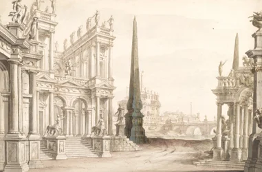 Diseño de escenario mostrando fantasía de Roma con el Castel Sant Angelo, el Ponte Elio y los centauros